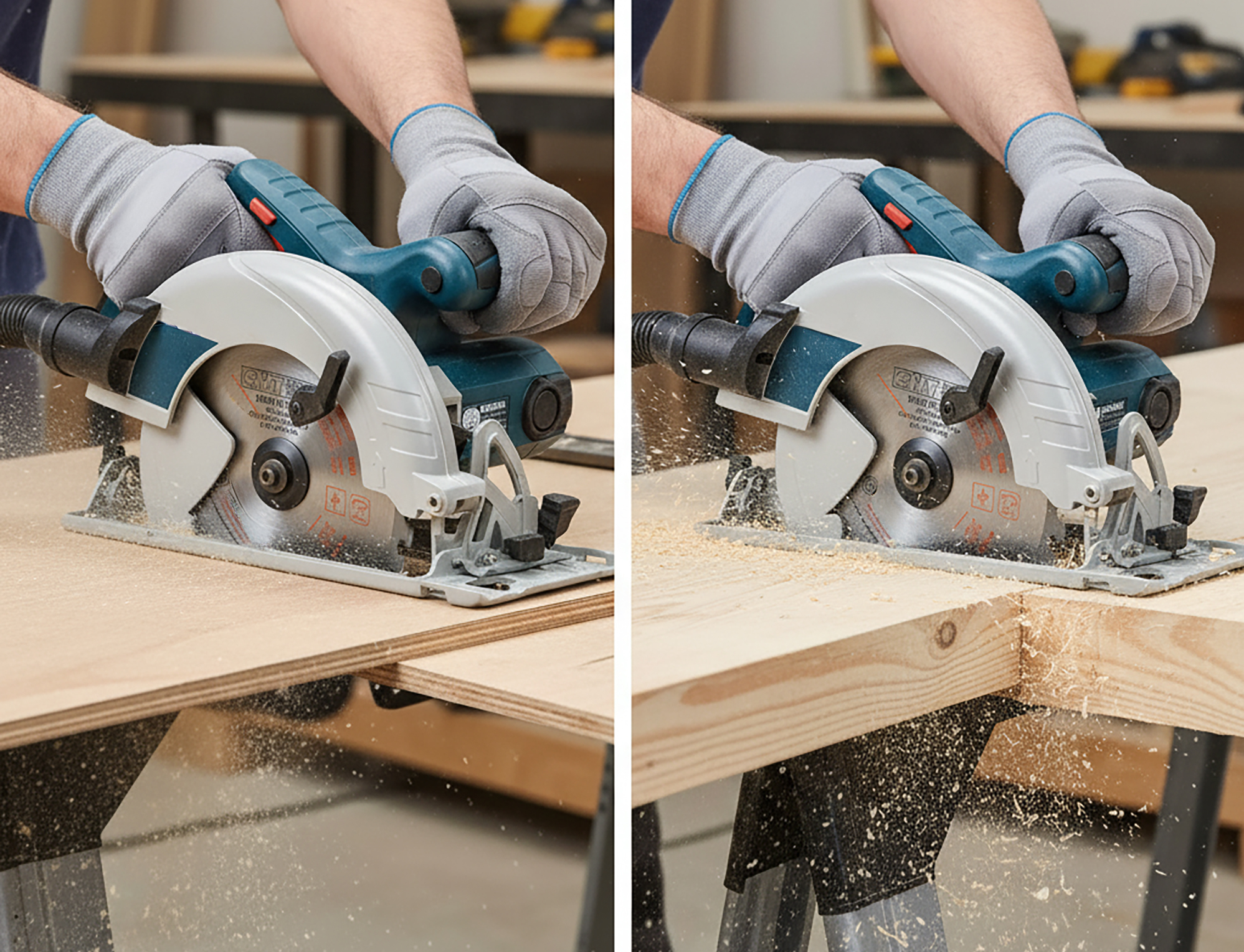 Side-by-side of combination blade cutting both plywood and lumber.