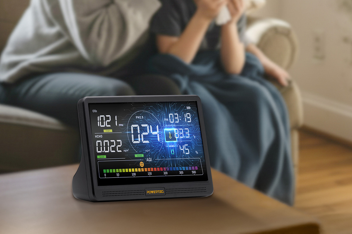 real-time indoor air quality monitor displaying PM2.5 CO2 and VOC levels
