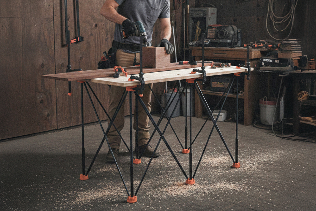 Portable workbench set up in small workshop