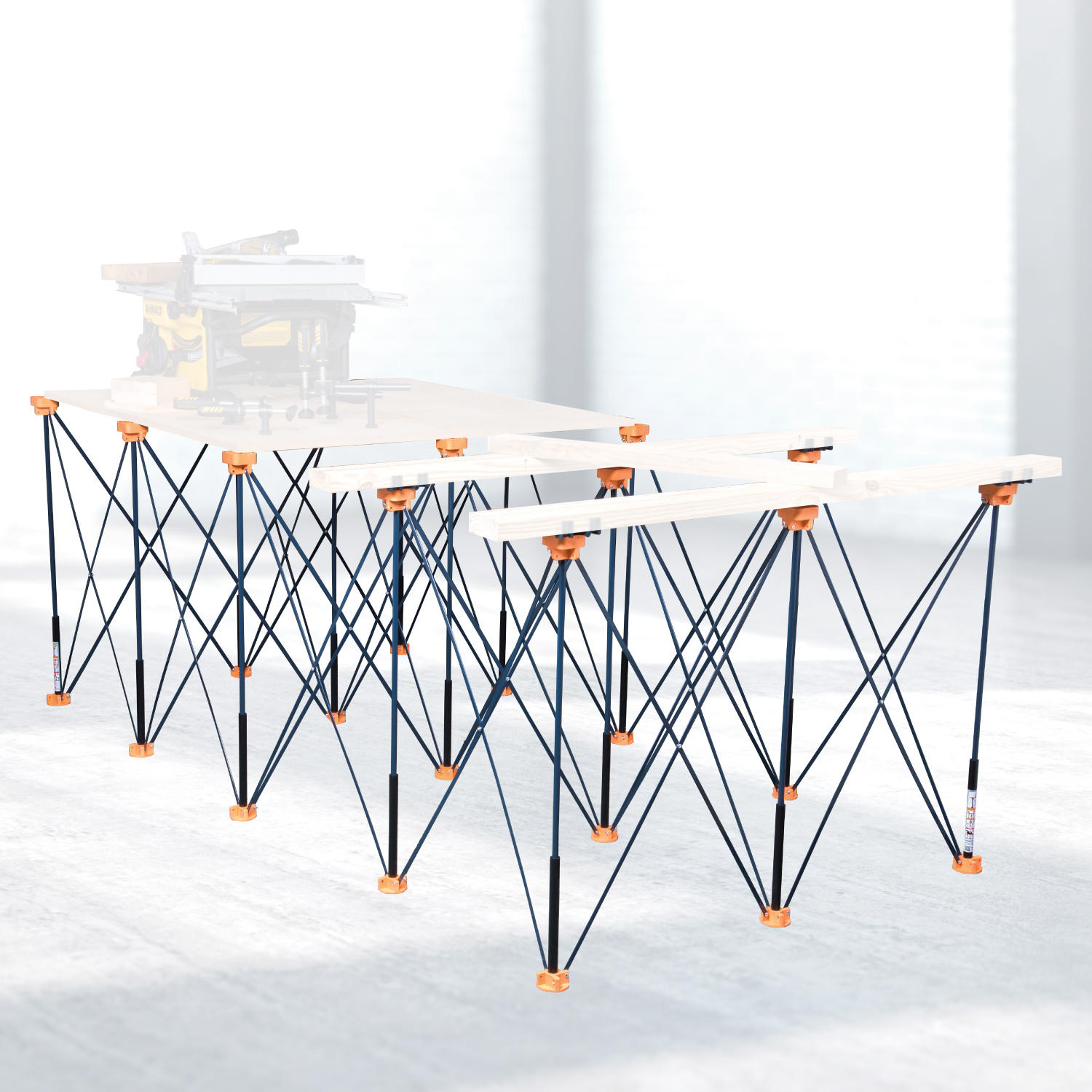 The Powertec Arachni-Flex Portable Workbench set up in a workshop, ready for a project.