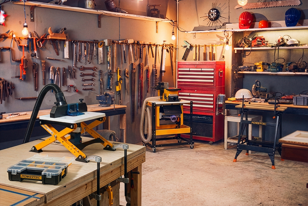 Organized small woodworking workshop