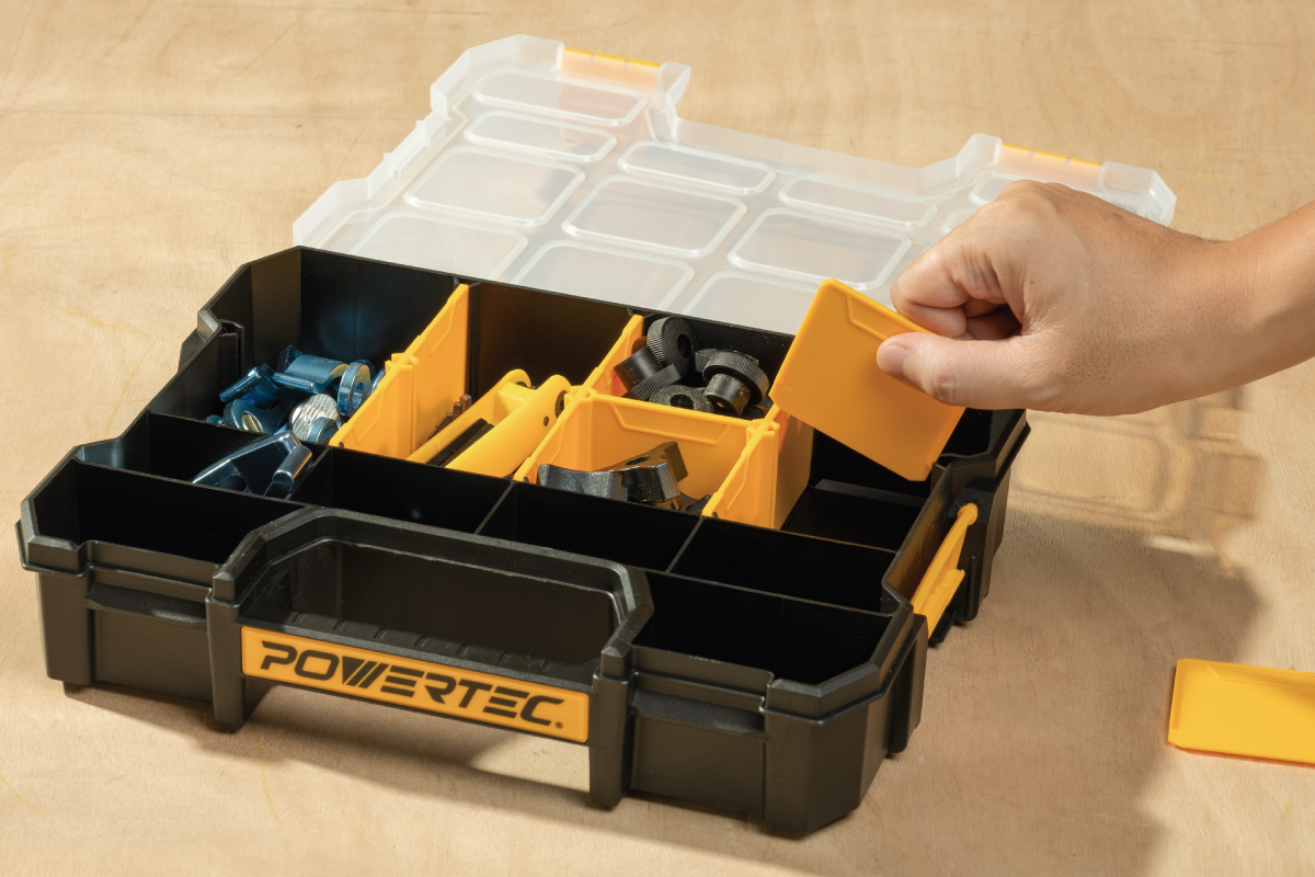 Stackable small parts organizers and router bit storage trays